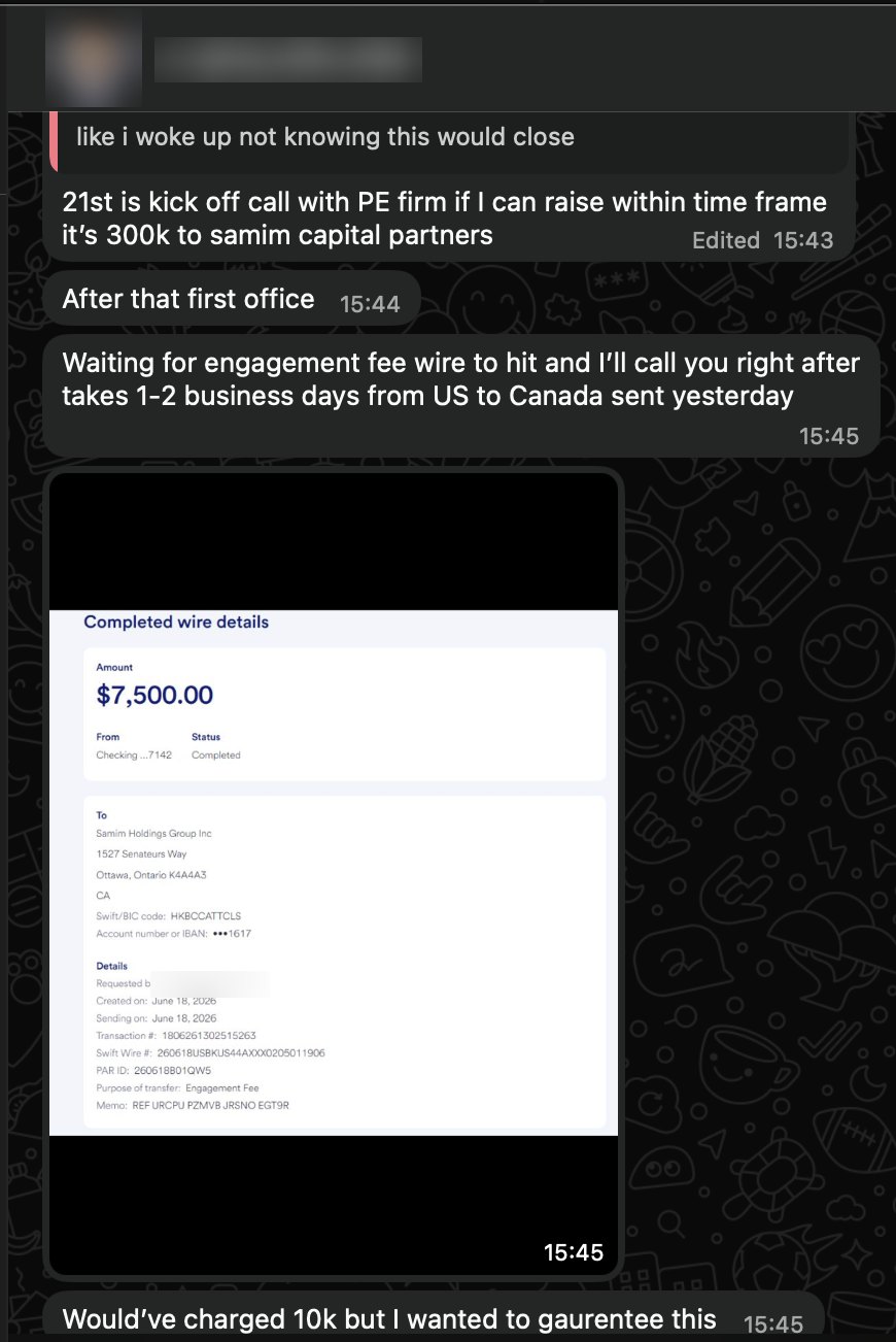 Fellow sharing a $7,500 engagement fee wire, identity redacted