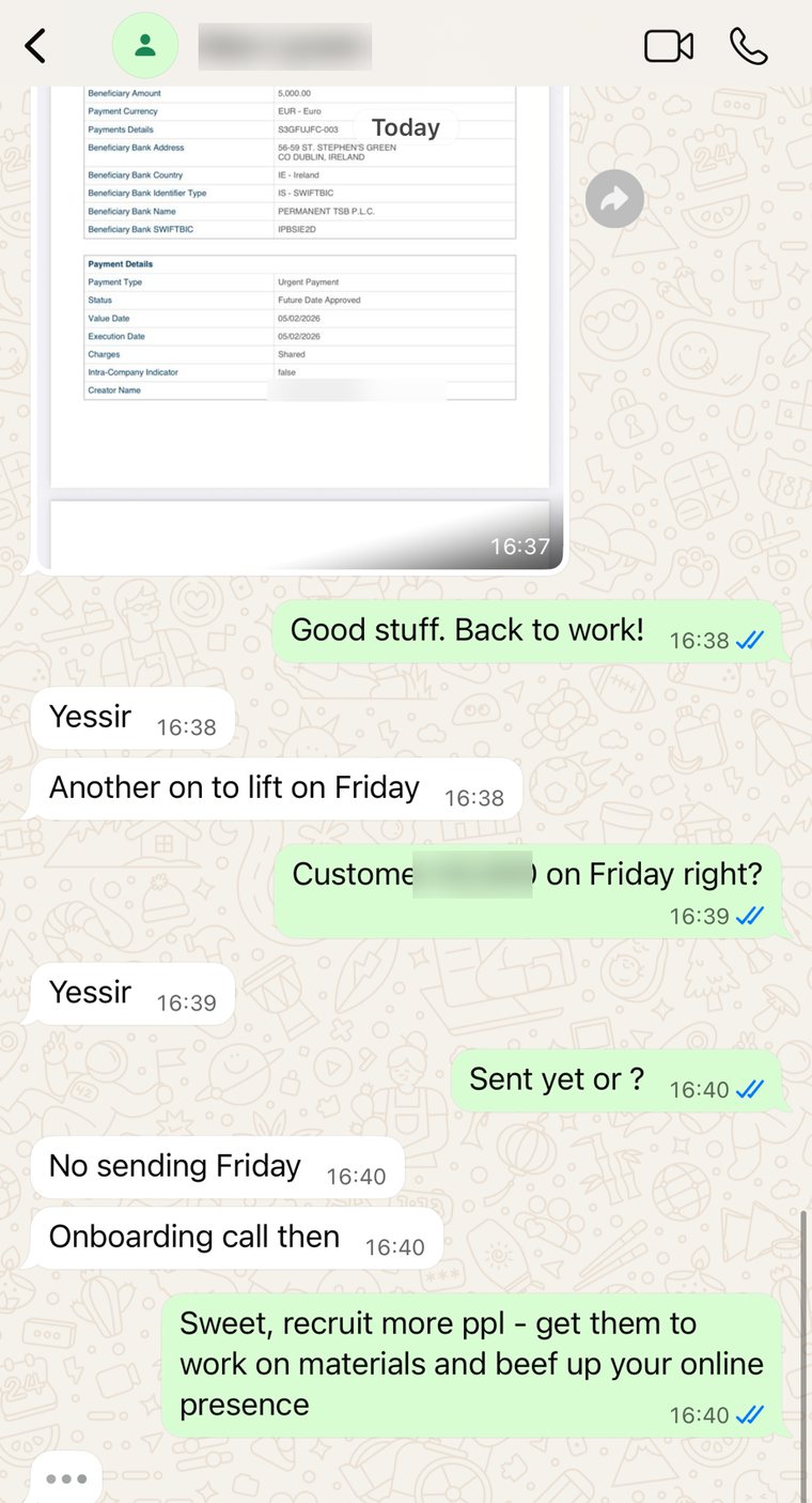 Fellow sharing a 5,000 euro transfer with the next client lined up