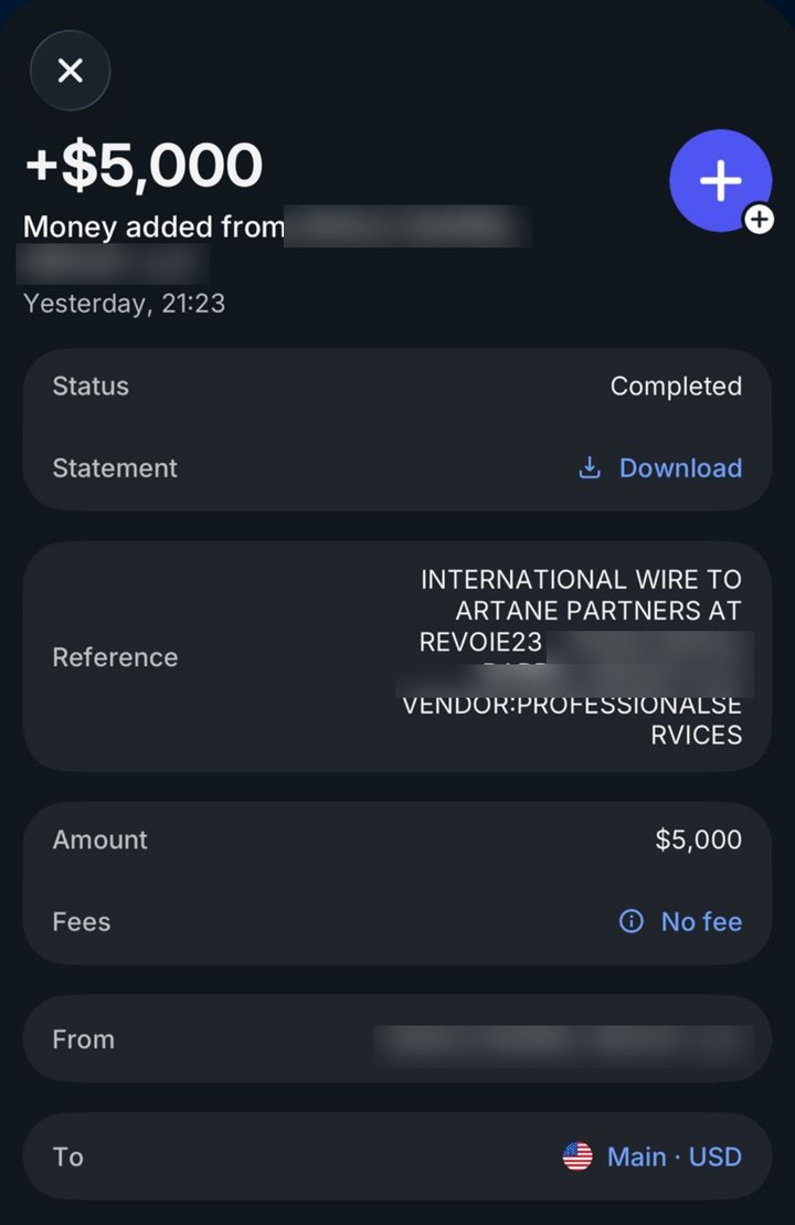 Received $5,000 international wire naming Artane Partners