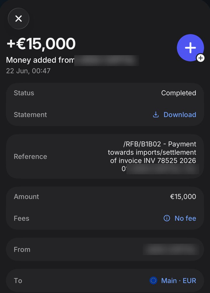 Received 15,000 euro invoice settlement