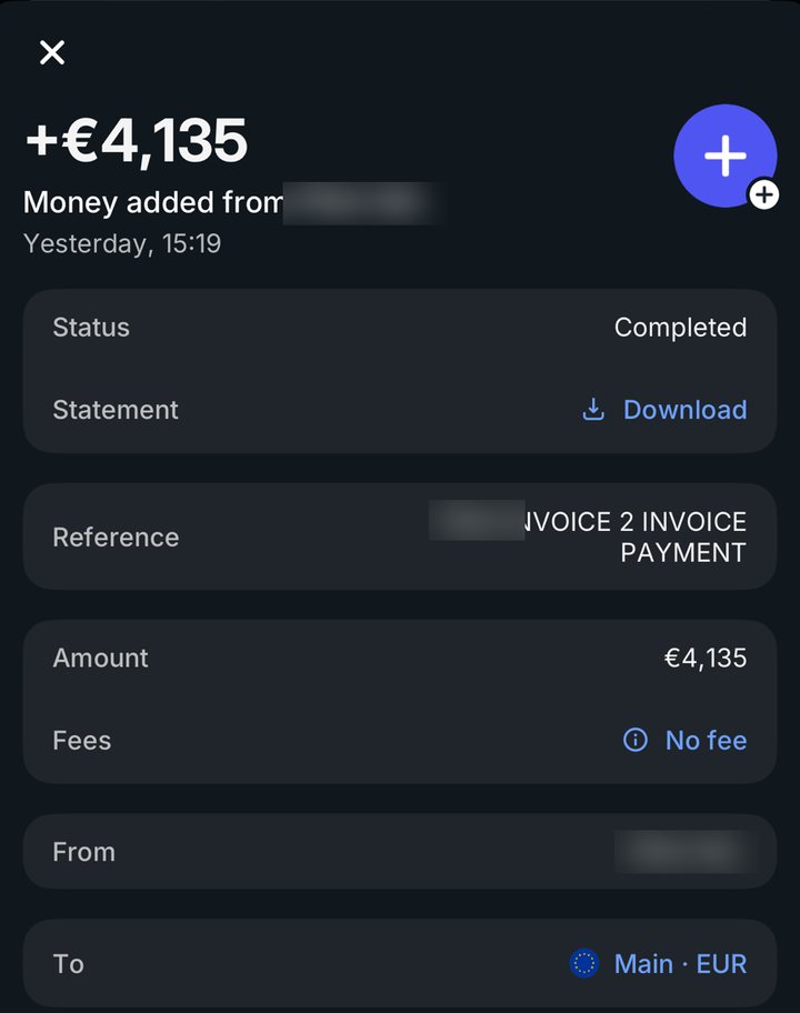 Received 4,135 euro invoice payment