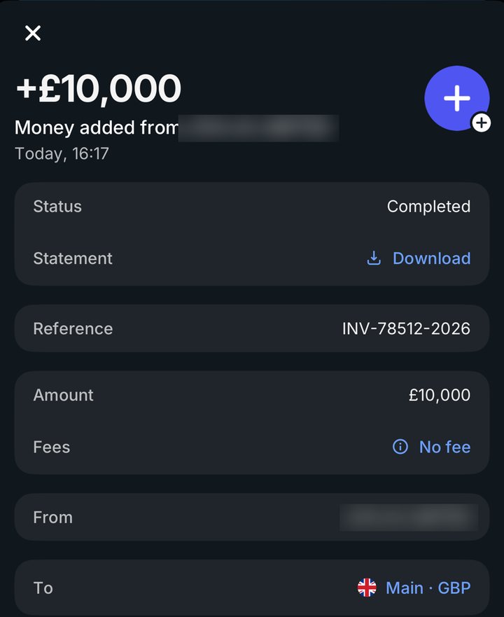 Received 10,000 pounds invoice settlement