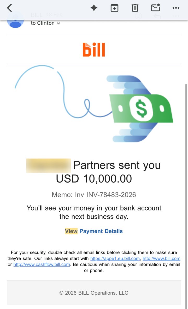 Bill.com notification of $10,000 client payment, name redacted
