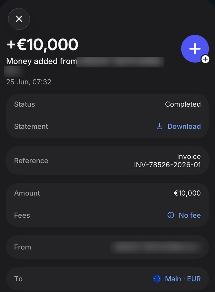 Received 10,000 euro invoice settlement, name redacted