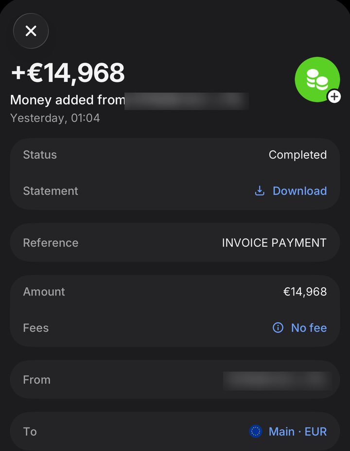 Received 14,968 euro invoice payment, name redacted