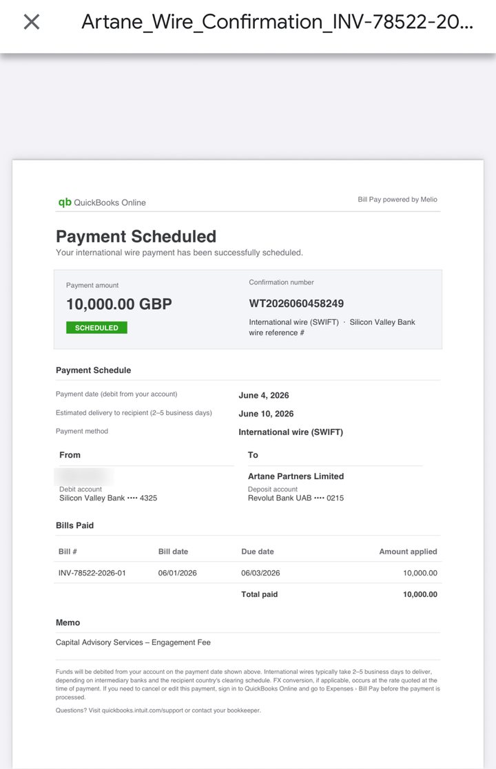 10,000 pound engagement fee wired to Artane Partners Limited, payer redacted