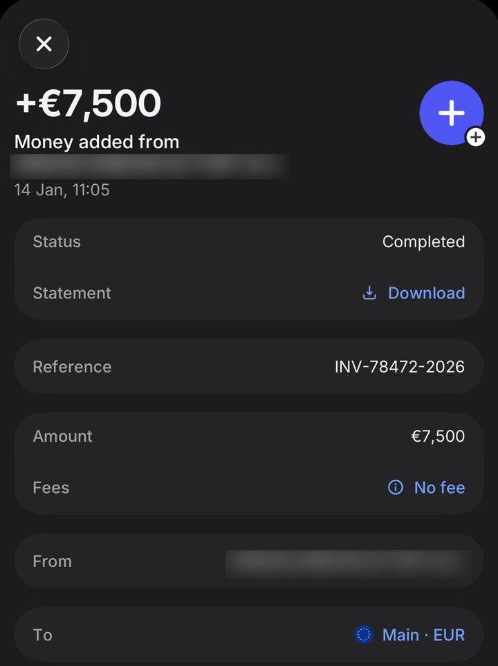 Received 7,500 euro invoice settlement, name redacted